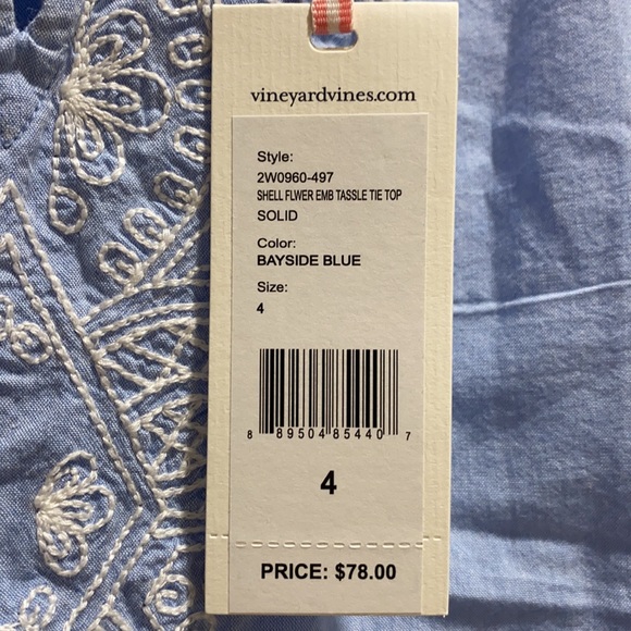 NWT-VINEYARD VINES BLUE SUMMER SLEEVELESS TOP WITH WHITE EMBROIDERY AND TASSELS - Picture 3 of 7
